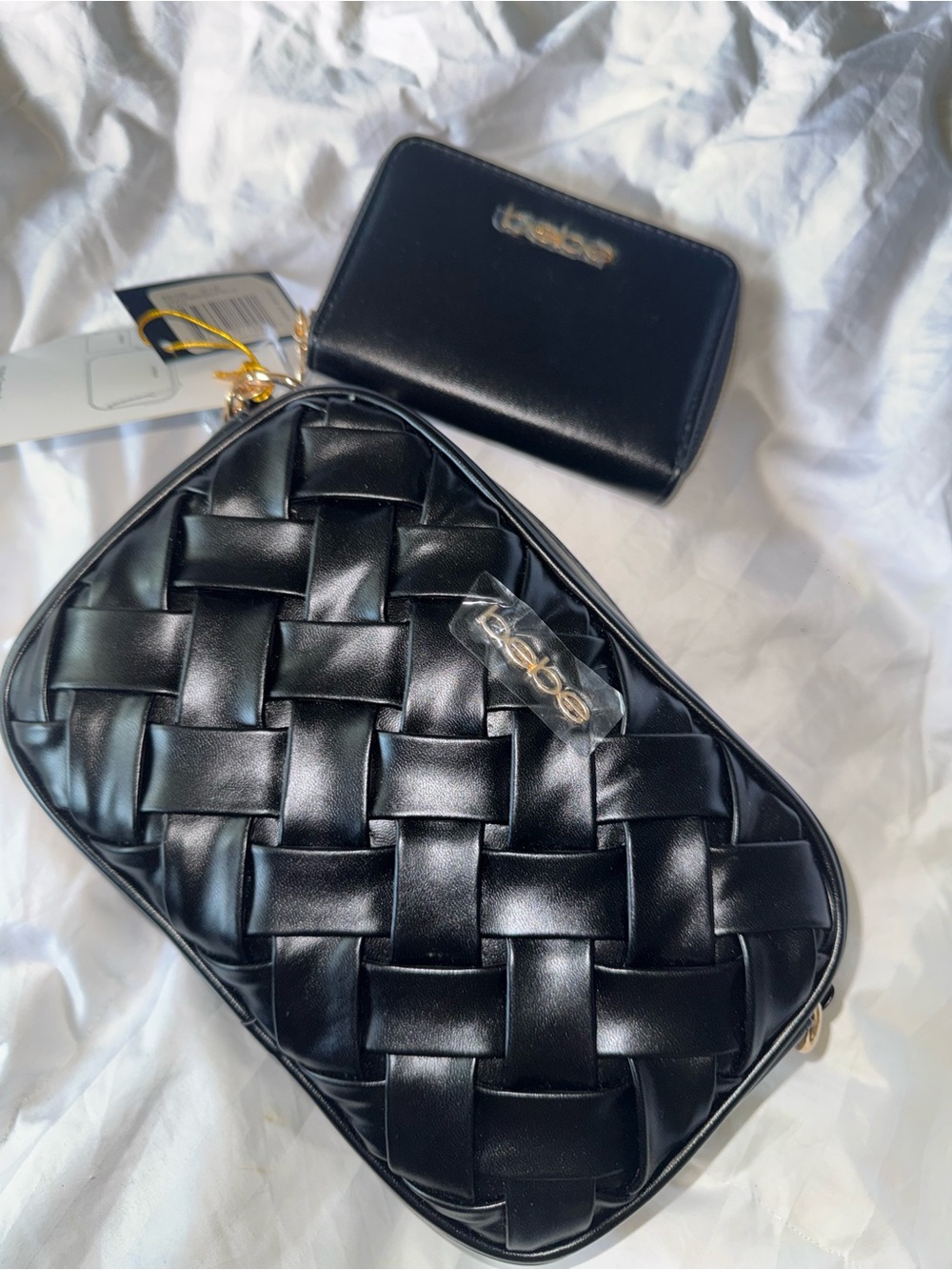 bebe Black Woven Crossbody Bag with Matching Black Zip Wallet